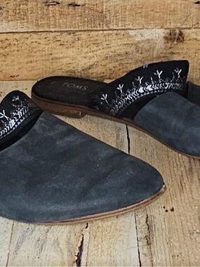 Toms Slate Blue Suede Slip-On Mules with Embroidered Black Trim